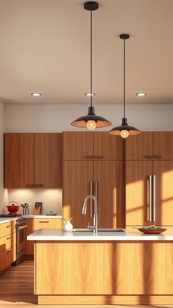 Mid century modern kitchen with warm wood cabinets and statement pendant lighting