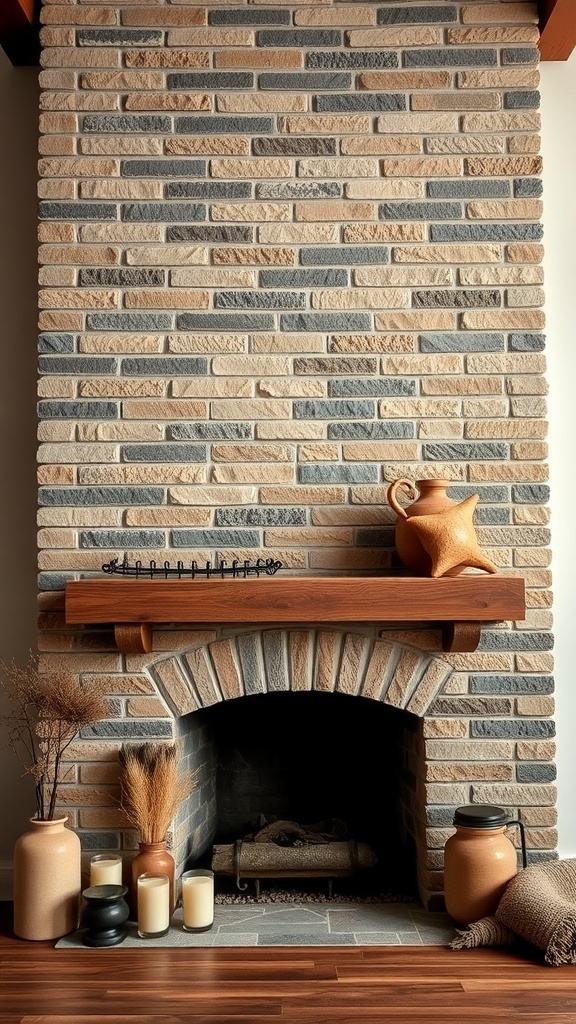 A stone brick fireplace with a wooden mantel, decorated with pottery and candles, showcasing warm earth tones.