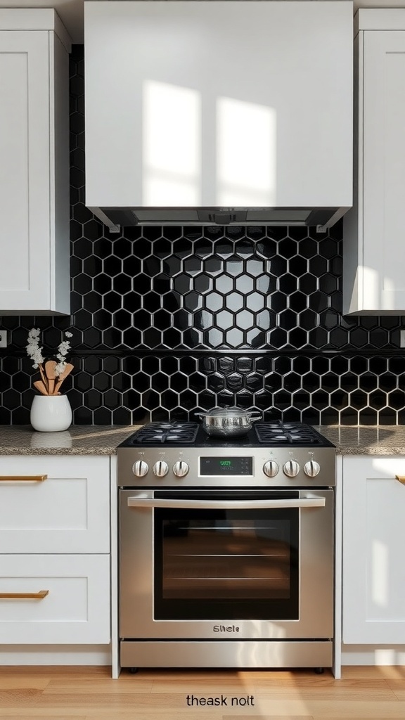 Glossy black hexagon tiles used as a kitchen backsplash with white cabinets and stainless steel appliances.