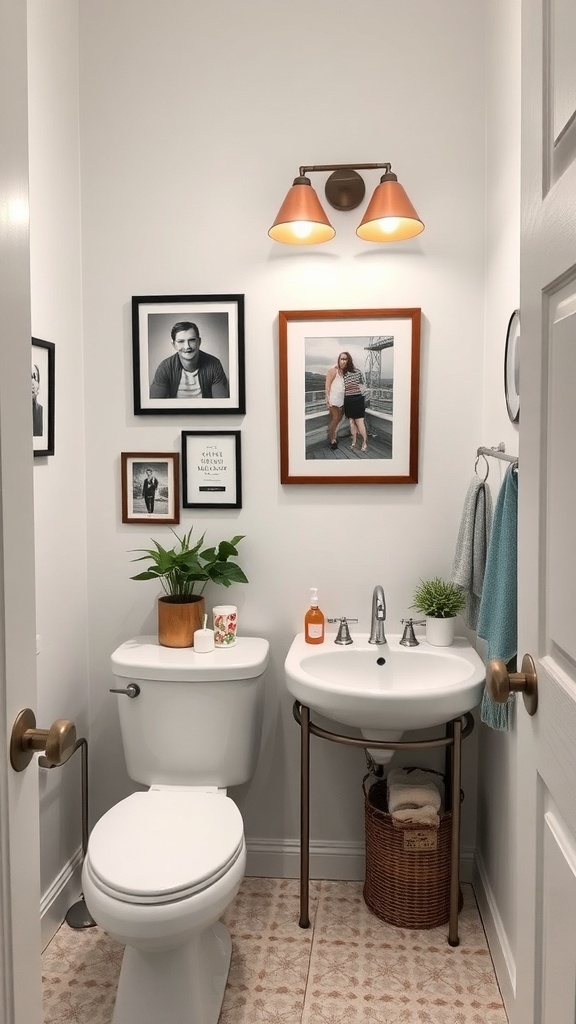 A cozy bathroom with framed photos on the walls, a plant on the sink, and warm lighting.