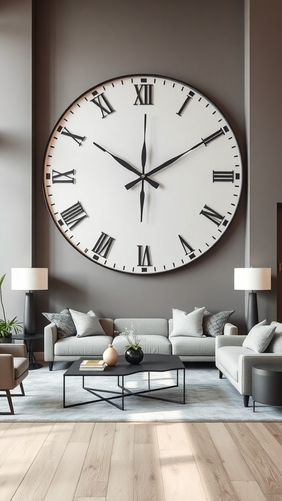 A large wall clock with Roman numerals in a modern living room setting.