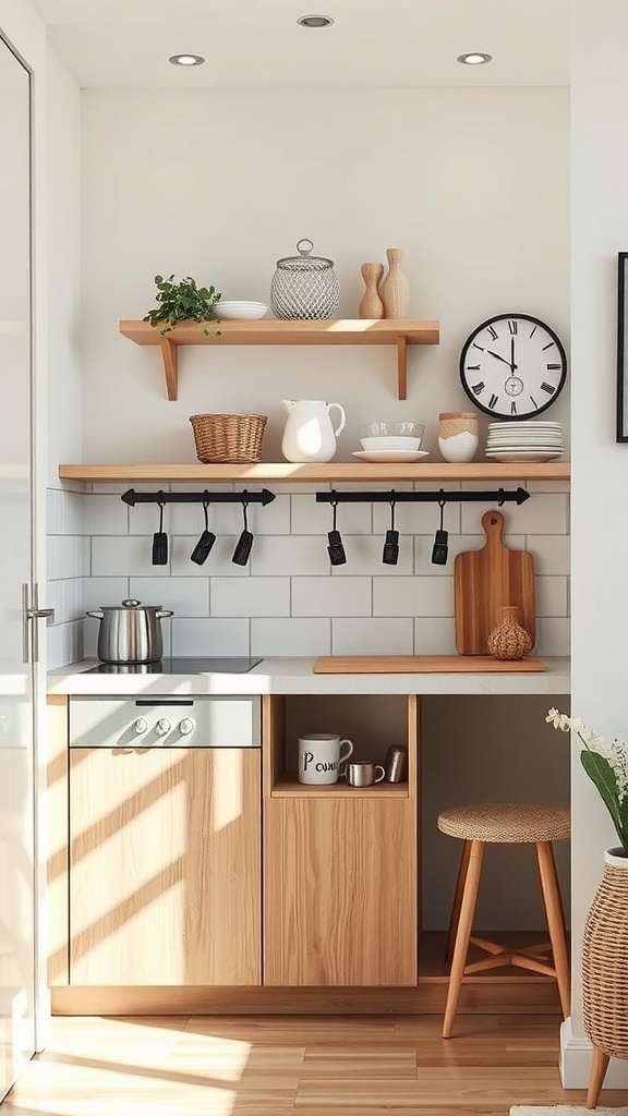 Bright and modern small kitchen with wooden shelves, compact kitchen island, and natural light