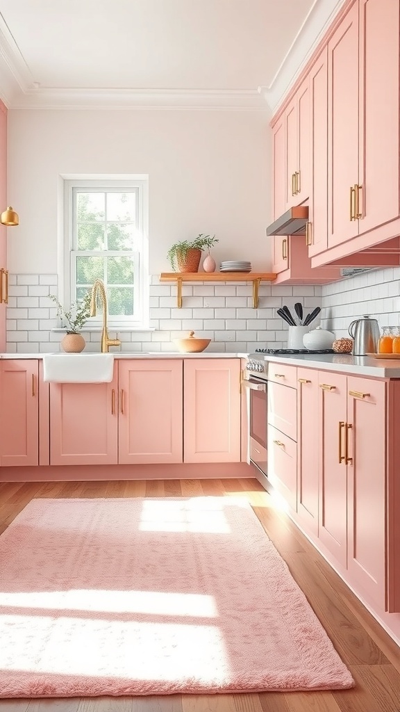 A cozy pink kitchen with pink cabinets and a soft pink rug