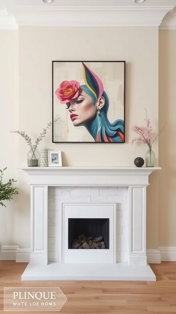 A stylish fireplace with a colorful portrait above it, featuring a woman with a flower in her hair.