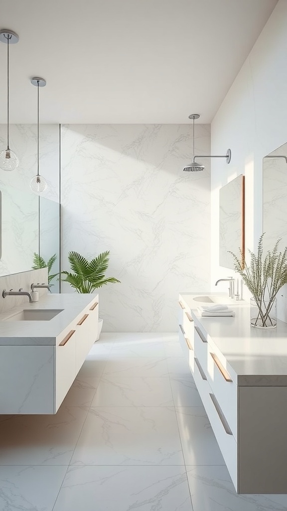 Modern bathroom with floating countertops and natural elements.