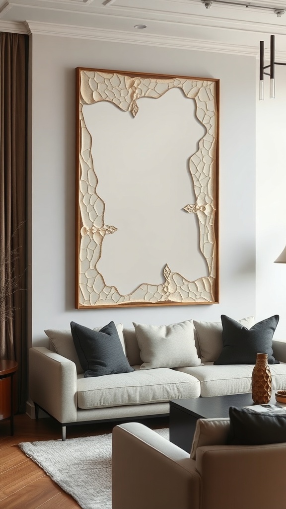 A textured mirror with a wooden frame hanging on a wall above a light-colored sofa with dark pillows.