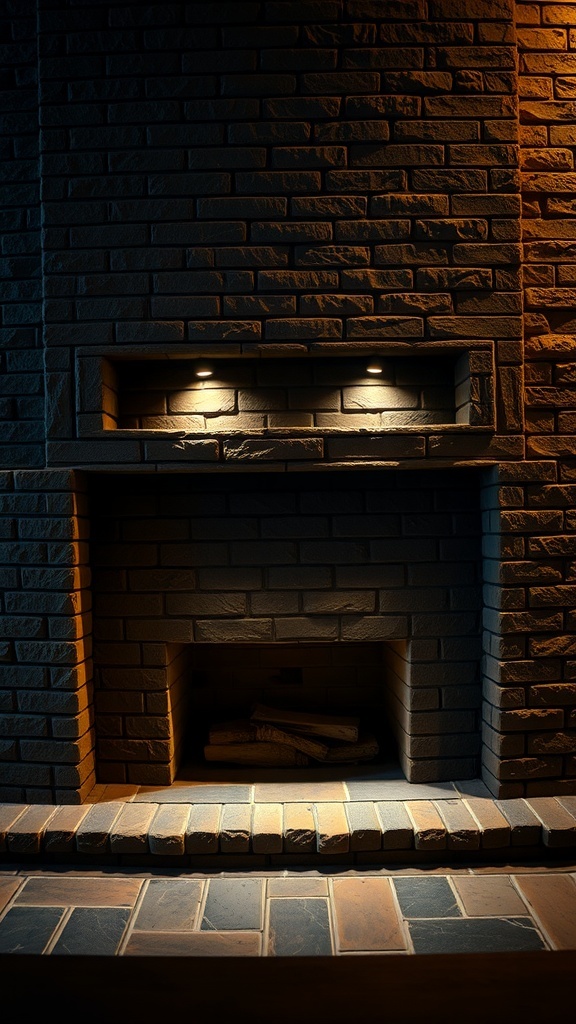 A stone brick fireplace with warm lighting highlighting its features