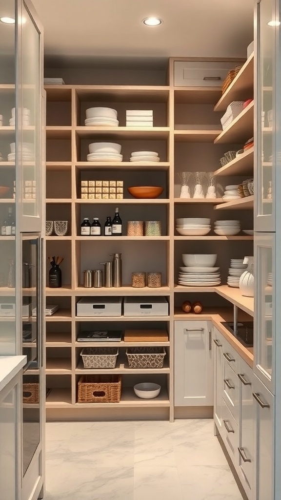 A modern pantry with wooden shelves and white cabinetry, showcasing organized kitchen items.