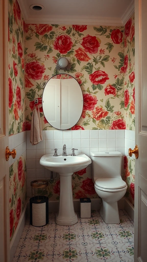 A small bathroom with floral wallpaper featuring vibrant roses, a pedestal sink, and a round mirror.