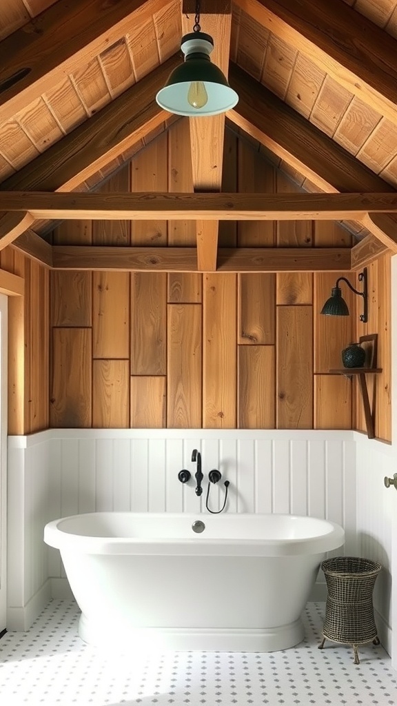 A modern farmhouse bathroom featuring wooden beams, a freestanding bathtub, and a cozy atmosphere.