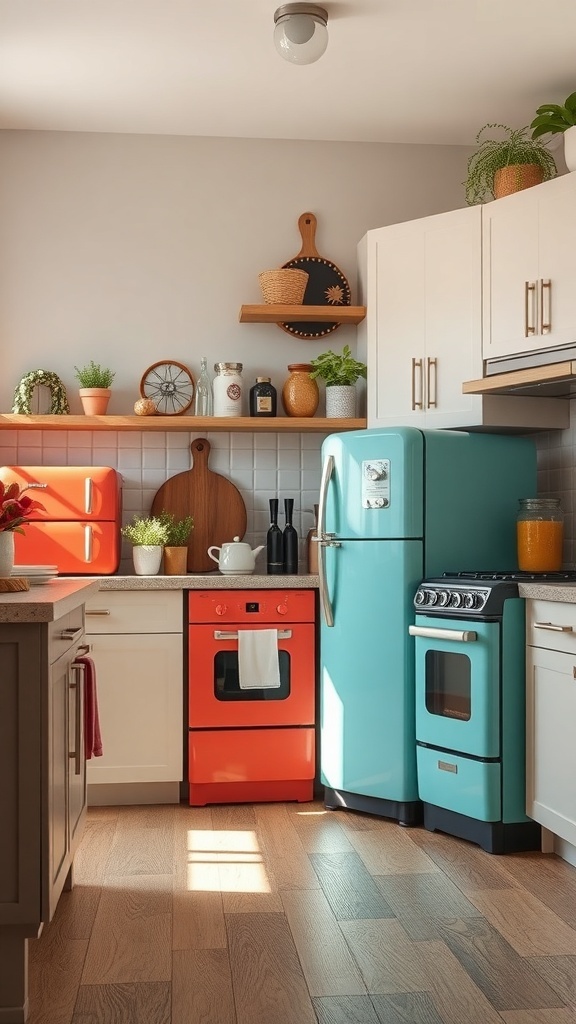 A colorful kitchen featuring a mint green refrigerator and bright orange oven, complemented by wooden shelves and plants.