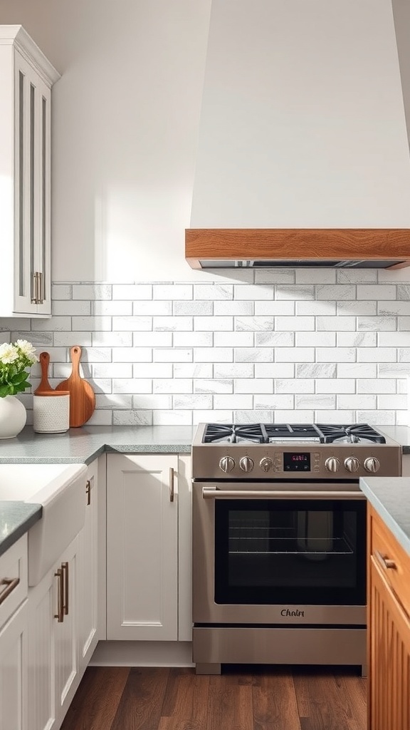 A modern kitchen featuring a classic whitewashed brick backsplash with white cabinets and a stainless steel stove.