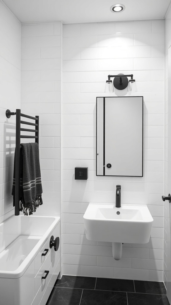 A modern black and white bathroom featuring black accents like a towel rack and faucet against white tiles.