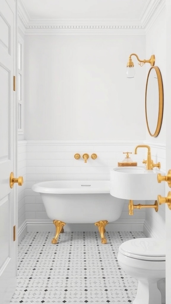 A classic white bathroom featuring a clawfoot tub, gold fixtures, and patterned floor tiles.