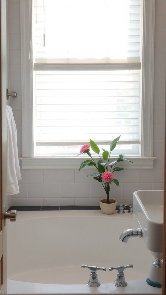 Bright bathroom with white blinds and a potted plant