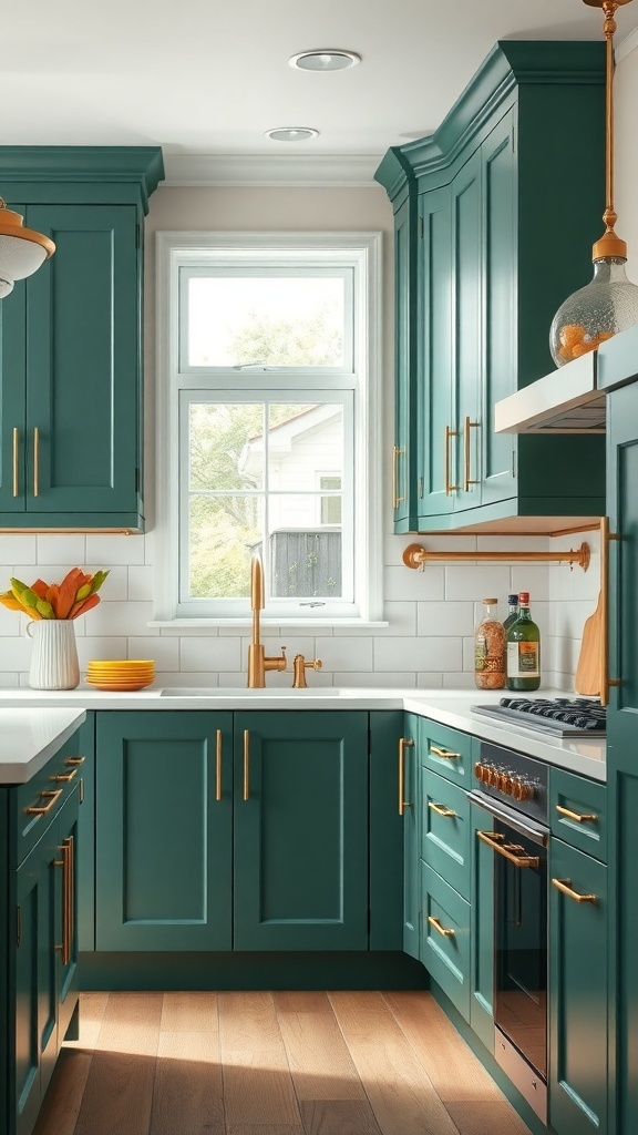 Modern kitchen featuring green cabinets with gold hardware