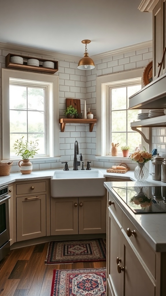 A cozy kitchen featuring a farmhouse sink, natural wood accents, and bright windows.