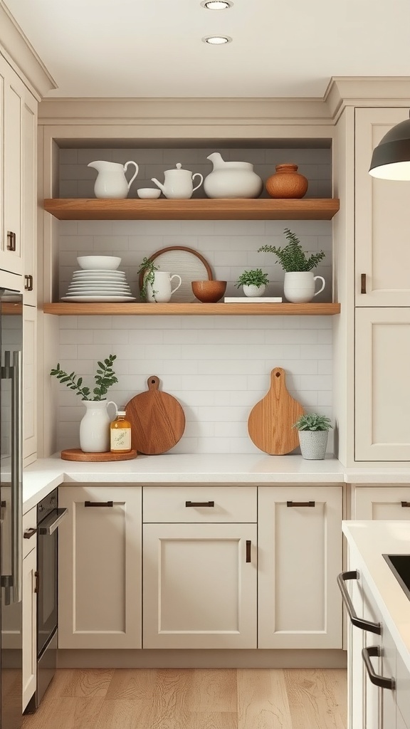 Modern farmhouse kitchen with open shelving displaying dishware and wooden accents