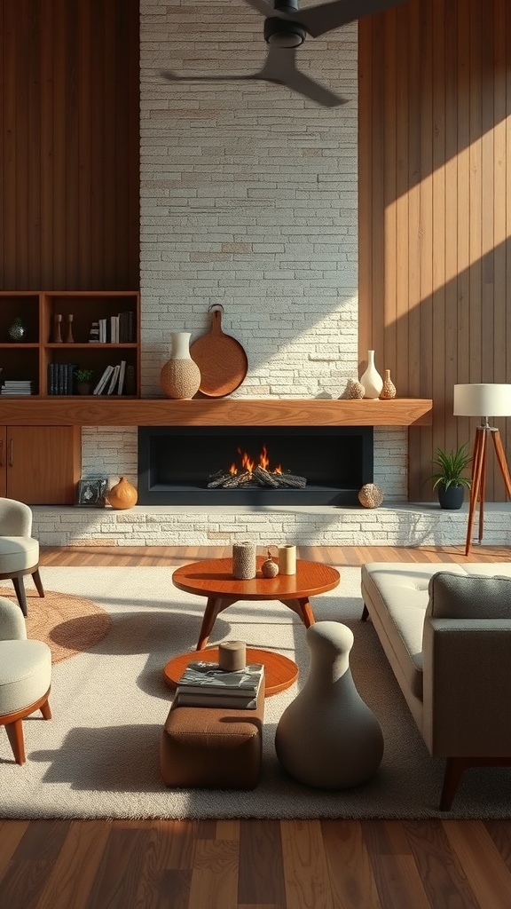 A mid-century modern living room featuring a stylish fireplace, comfortable seating, and warm wooden accents.