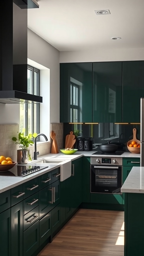 A modern kitchen featuring dark green cabinets, black accents, and wooden elements.
