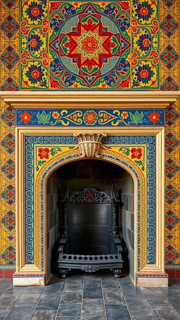 Colorful tile surround around a fireplace featuring intricate patterns and vibrant colors.