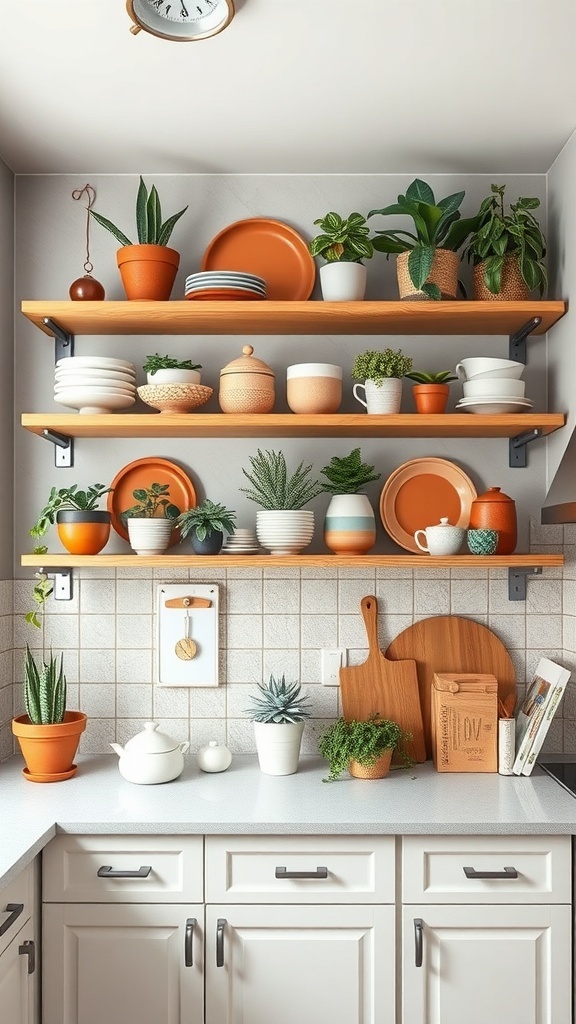 Open shelving in a kitchen displaying plates, pots, and plants in earthy tones.