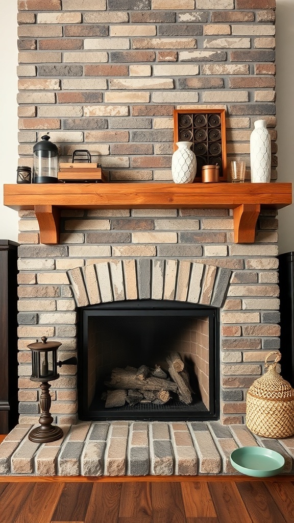A stone brick fireplace with a reclaimed wood mantel, decorated with vases and a lantern.