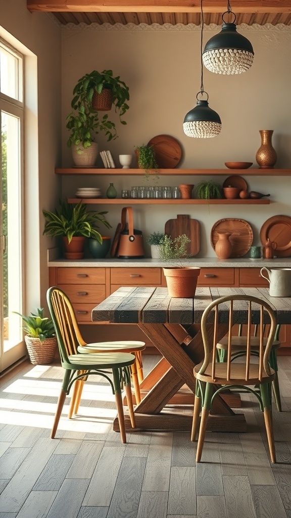 A cozy boho kitchen featuring a rustic wooden table, colorful chairs, and open shelving with plants and pottery.
