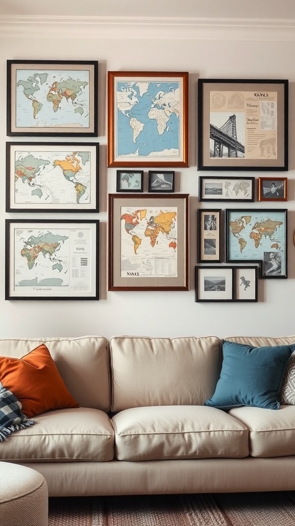 Gallery wall with framed maps and travel-themed prints above a beige couch with colorful pillows.
