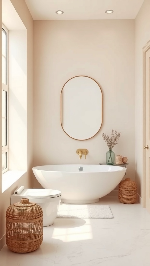 A serene modern farmhouse bathroom featuring neutral colors, a round bathtub, and natural decor.