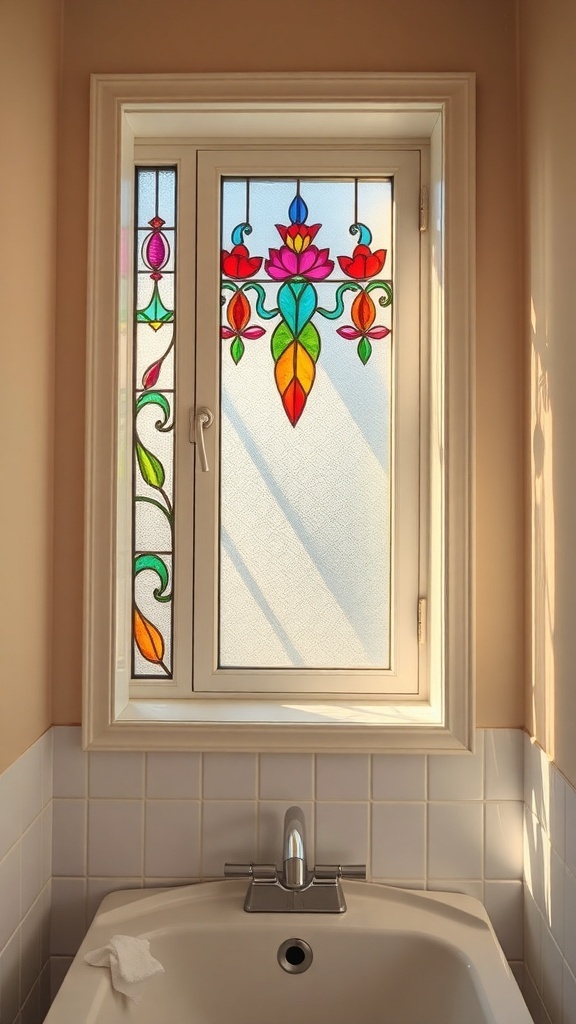 A stained glass window with colorful floral designs in a bathroom setting.