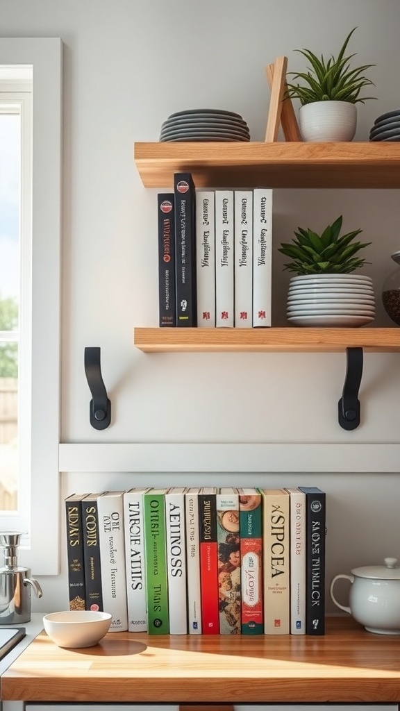 A stylish kitchen shelf displaying cookbooks and decorative plants.
