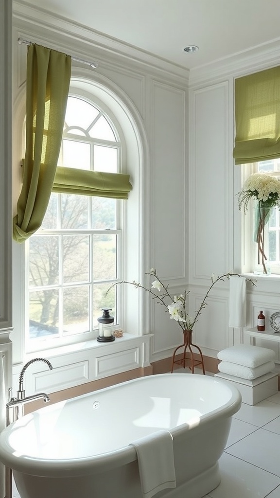 A bright bathroom featuring sage green window treatments, a white bathtub, and elegant decor.