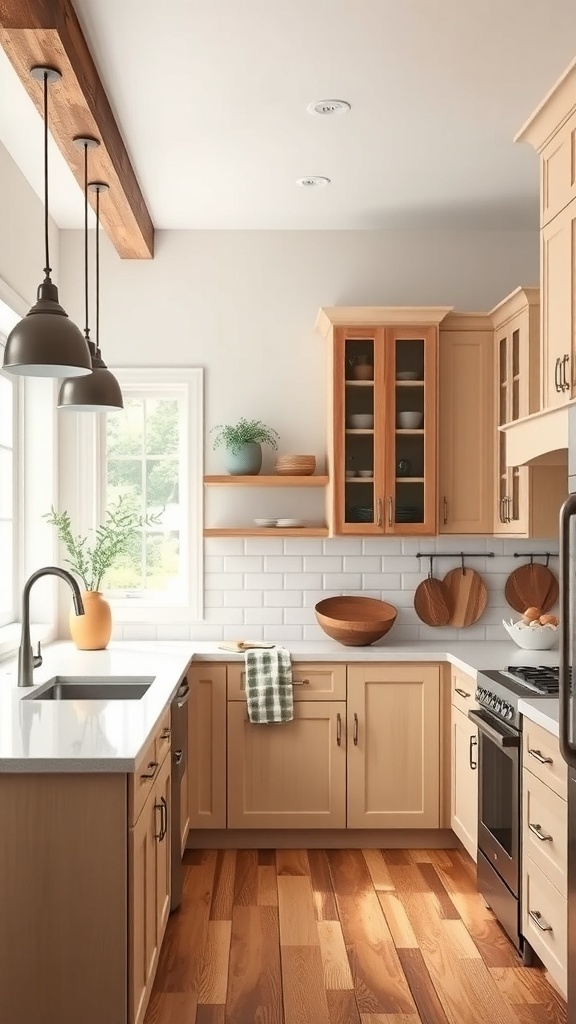 A modern farmhouse kitchen with light wood cabinets, open shelving, and a spacious countertop.
