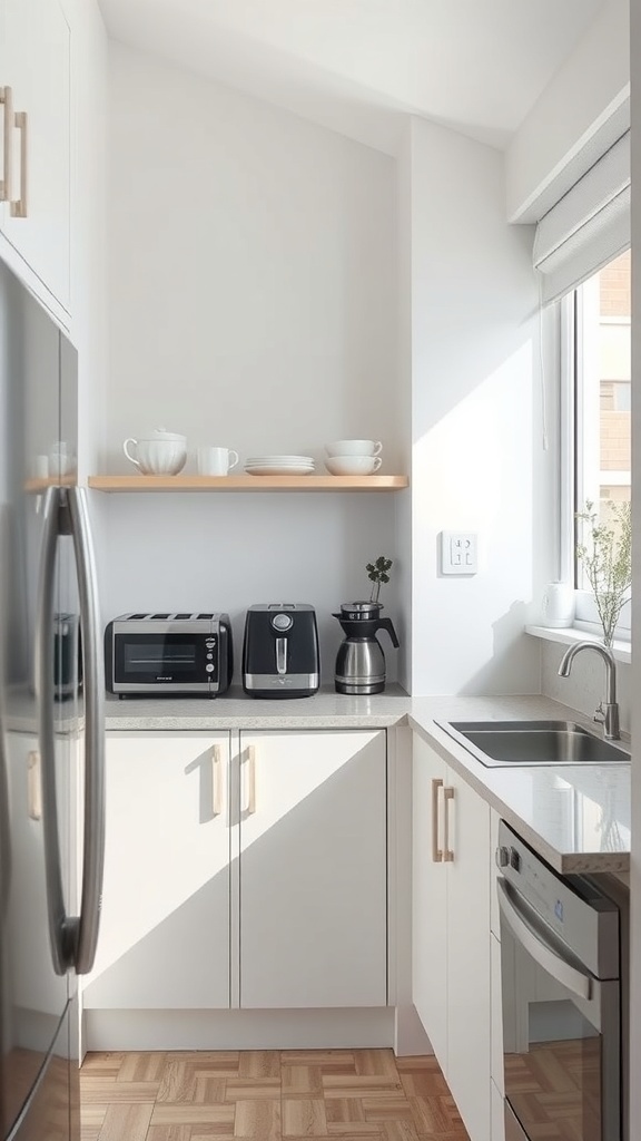 A small kitchen with modern appliances, bright natural light, and smart storage solutions.