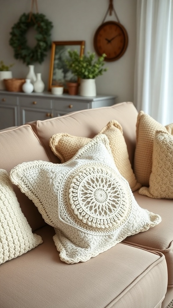 A cozy living room with handmade crochet throw pillows on a soft couch, featuring various crochet patterns and light colors.