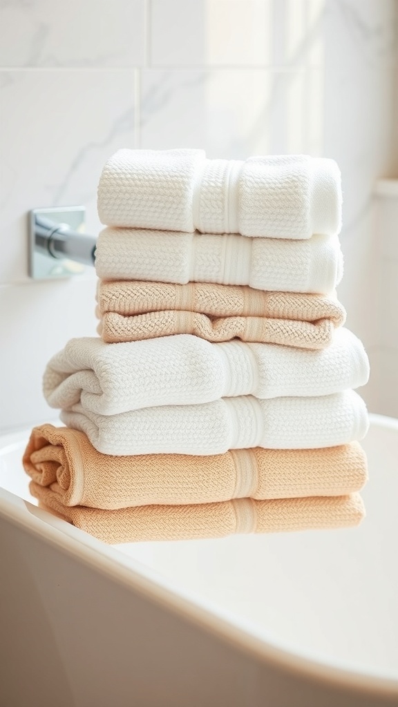 A stack of plush towels in white and peach colors neatly arranged in a bathroom.