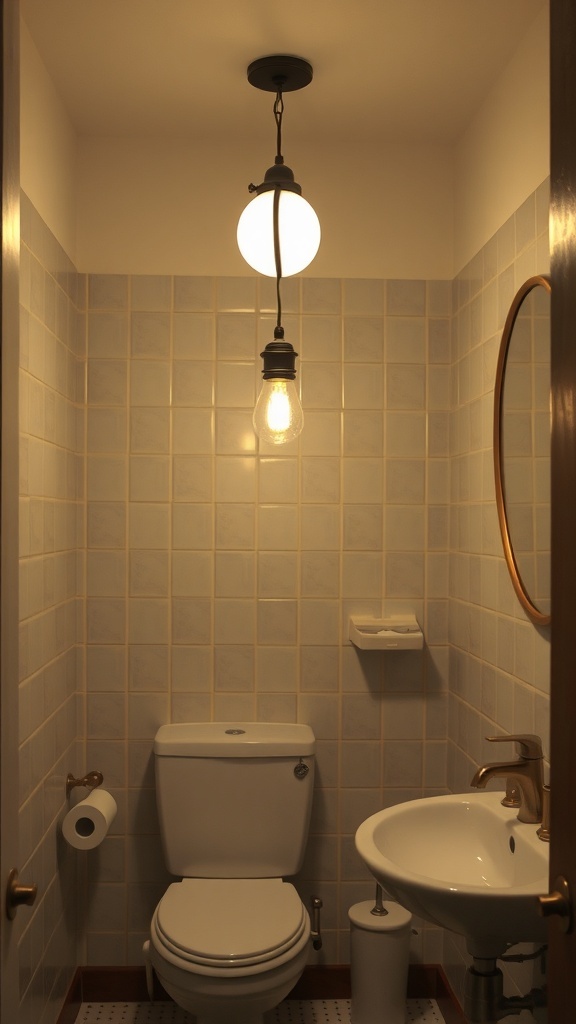A small bathroom featuring a unique statement light fixture with a round bulb and a vintage-style bulb, enhancing the decor.