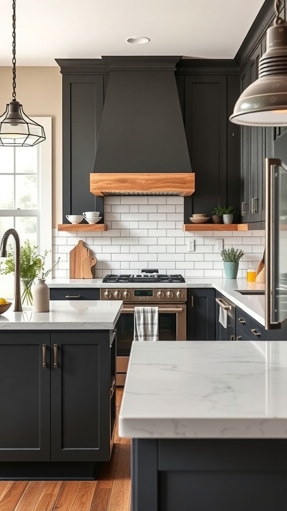 Modern farmhouse kitchen with dark cabinets and light countertops