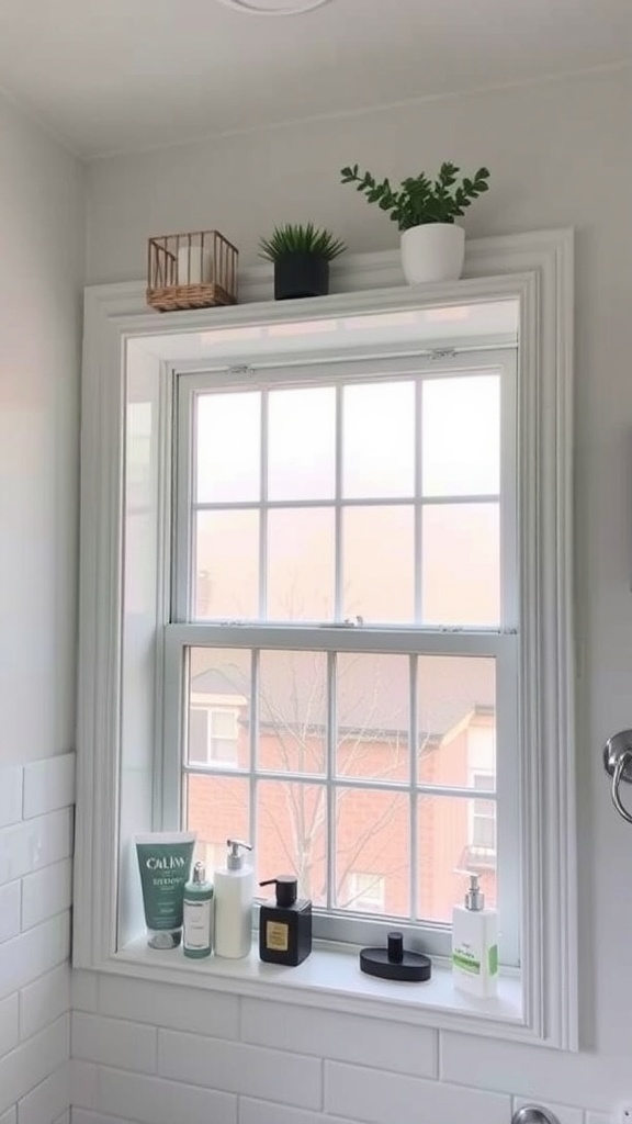 A bathroom window with functional shelving above it, featuring small plants and skincare products.
