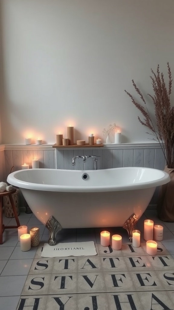 A relaxing bathtub arrangement with candles and natural decor