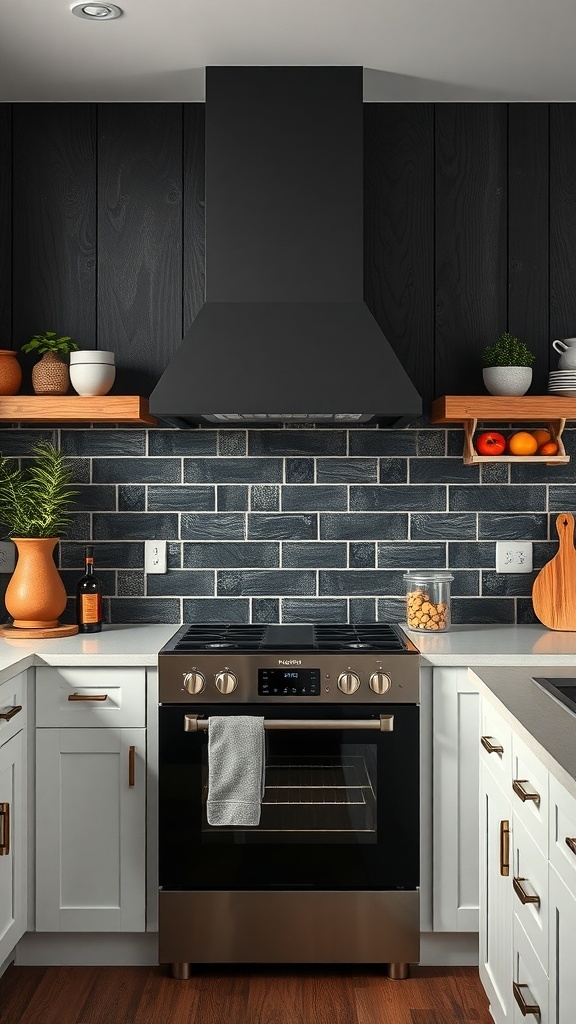A modern kitchen featuring black painted wood panels, white cabinets, and a black backsplash.