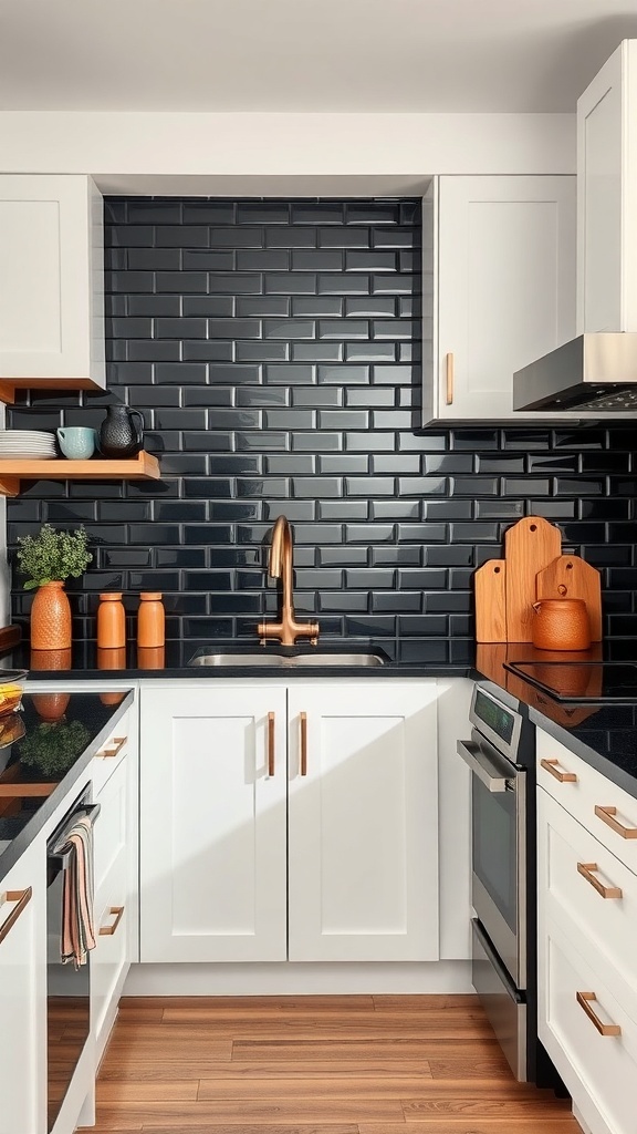 A modern kitchen featuring a black backsplash with copper accents, white cabinets, and a black countertop.