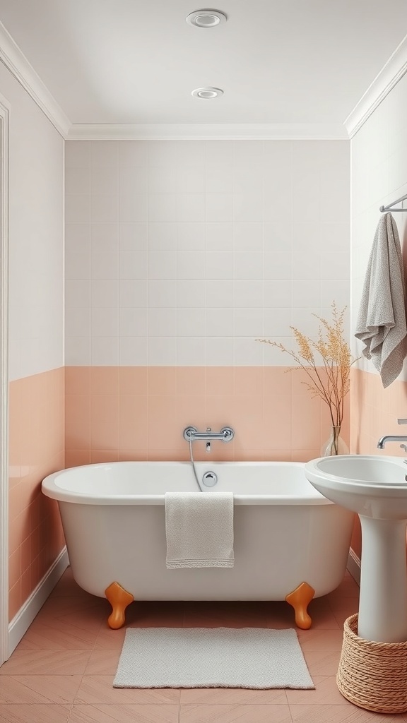 A stylish bathroom with a peach wall color, a white tub with orange feet, and natural decor.
