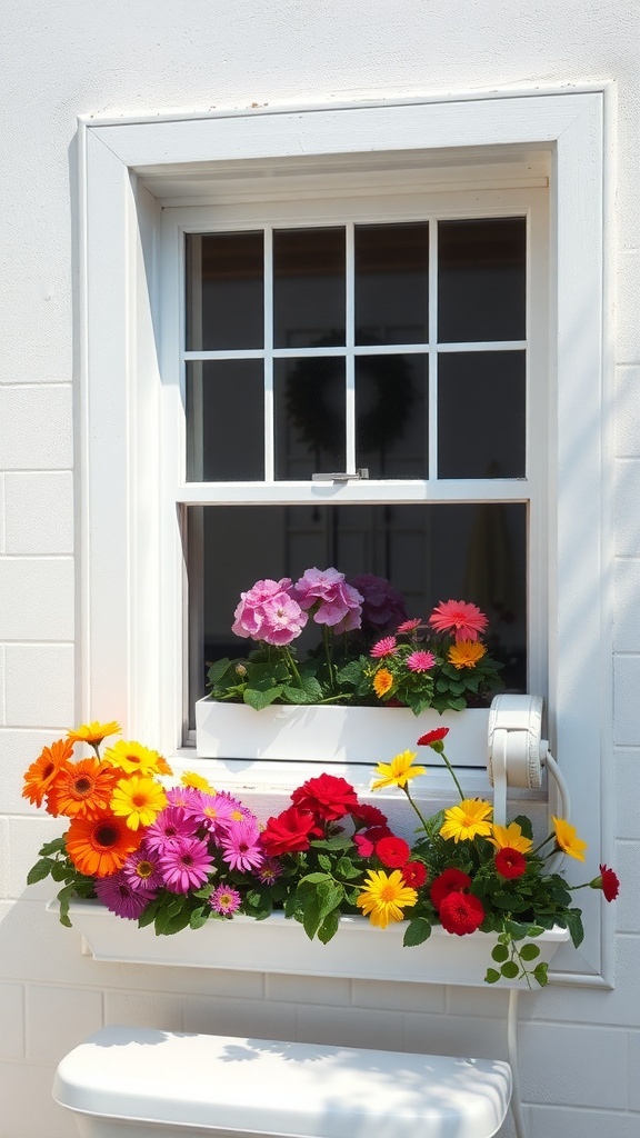 Colorful window box filled with various flowers in a bathroom window