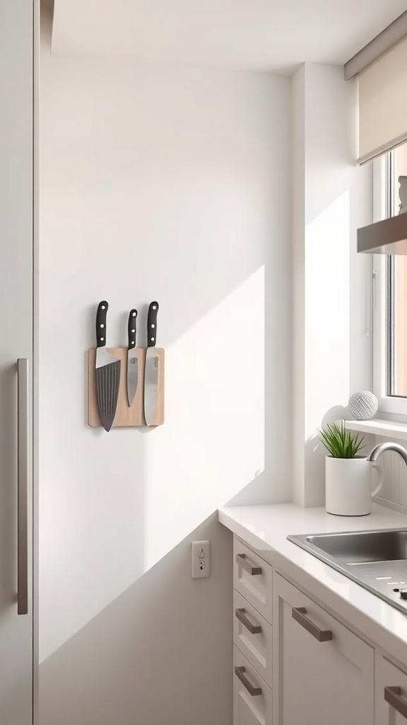 A small kitchen featuring a magnetic knife strip with knives mounted on a wall, bright natural light, and a modern minimalist design.