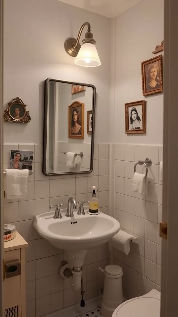 A vintage-style bathroom featuring framed portraits, a classic sink, and a warm light fixture.