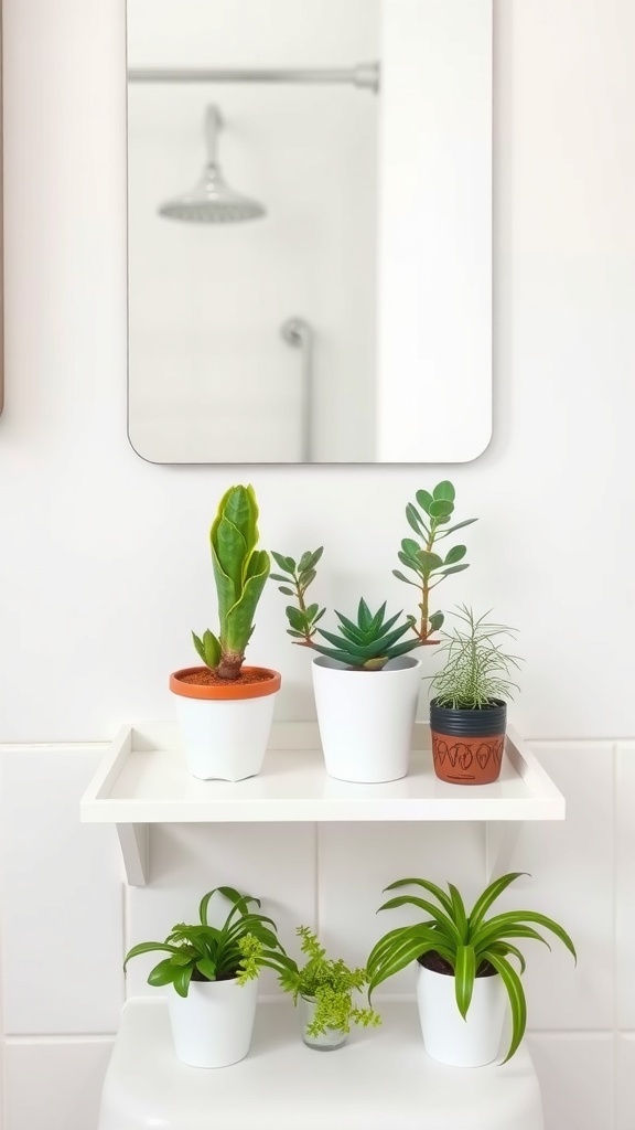 A shelf with various plants in white pots arranged in a bathroom setting.