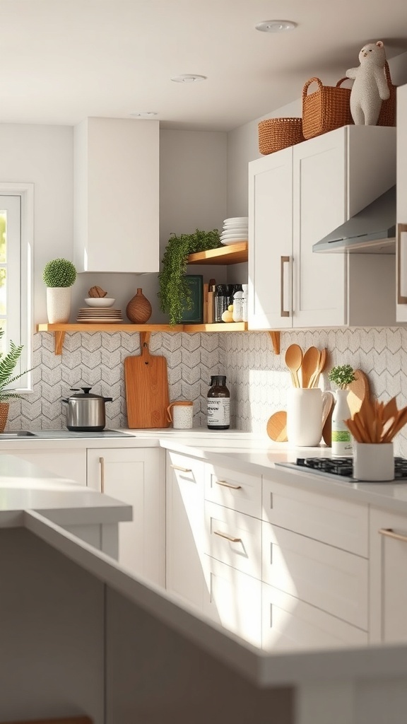 A modern kitchen with open shelves, wooden accents, and stylish decor.