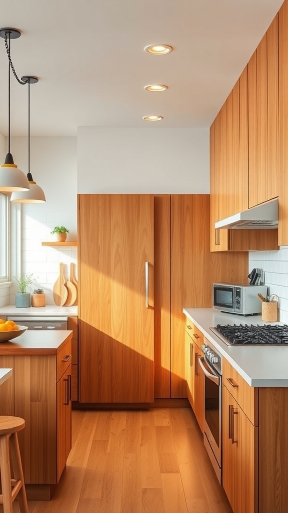 A mid century modern kitchen featuring natural wood finishes, clean lines, and bright lighting.